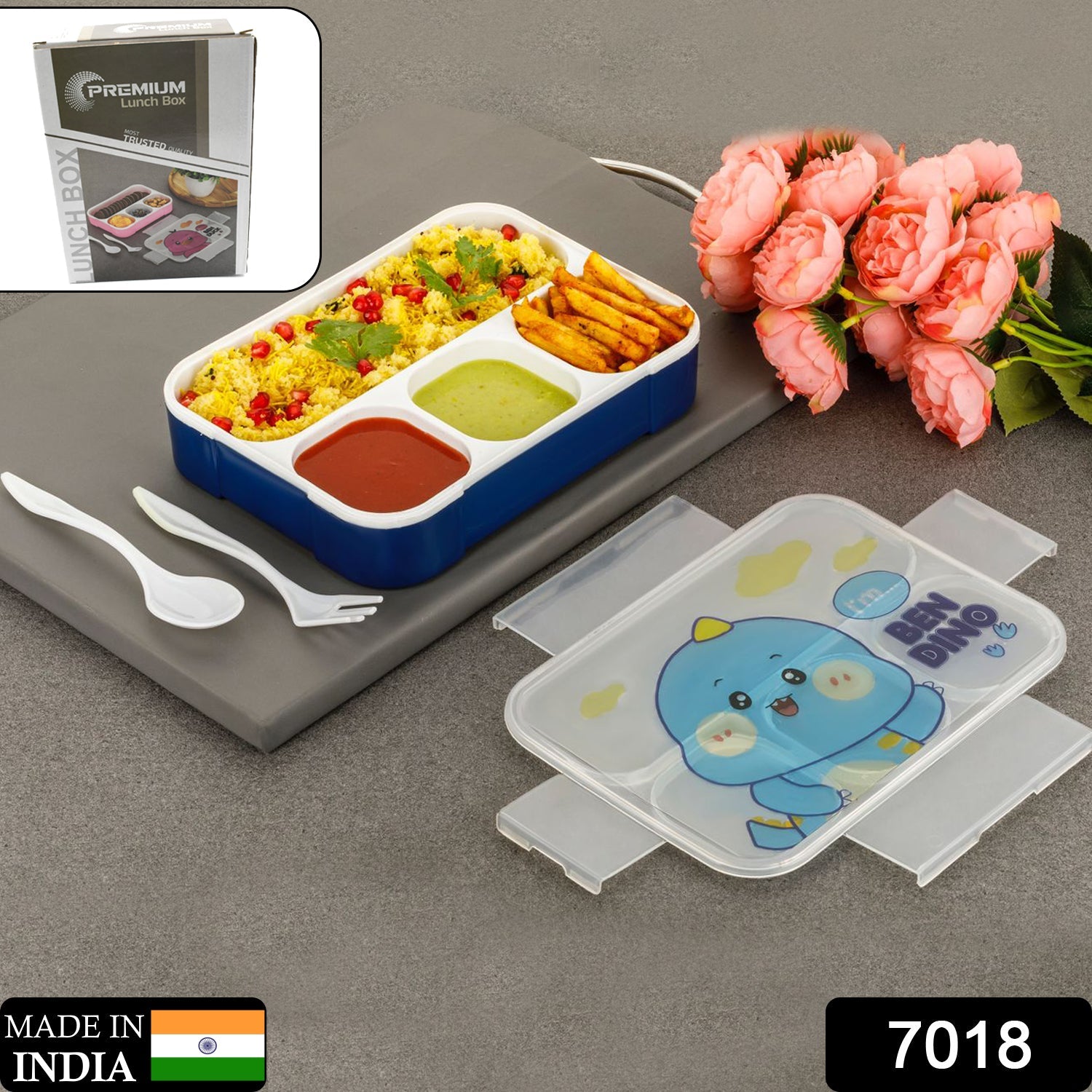 7018 Cartoon Design Print 4 Compartment Plastic Lunch Box Air Tight Lunch Box for Office, Bento Box, Leak-Proof, Microwave & Dishwasher Safe, Plastic Lunch Box for School Child, Tiffin Box for Adults with Fork & Spoon 7018 Cartoon Design Print 4 Compartment Plastic Lunch Box Air Tight Lunch Box for Office, Bento Box, Leak-Proof, Microwave & Dishwasher Safe, Plastic Lunch Box for School Child, Tiffin Box for Adults with Fork & Spoon